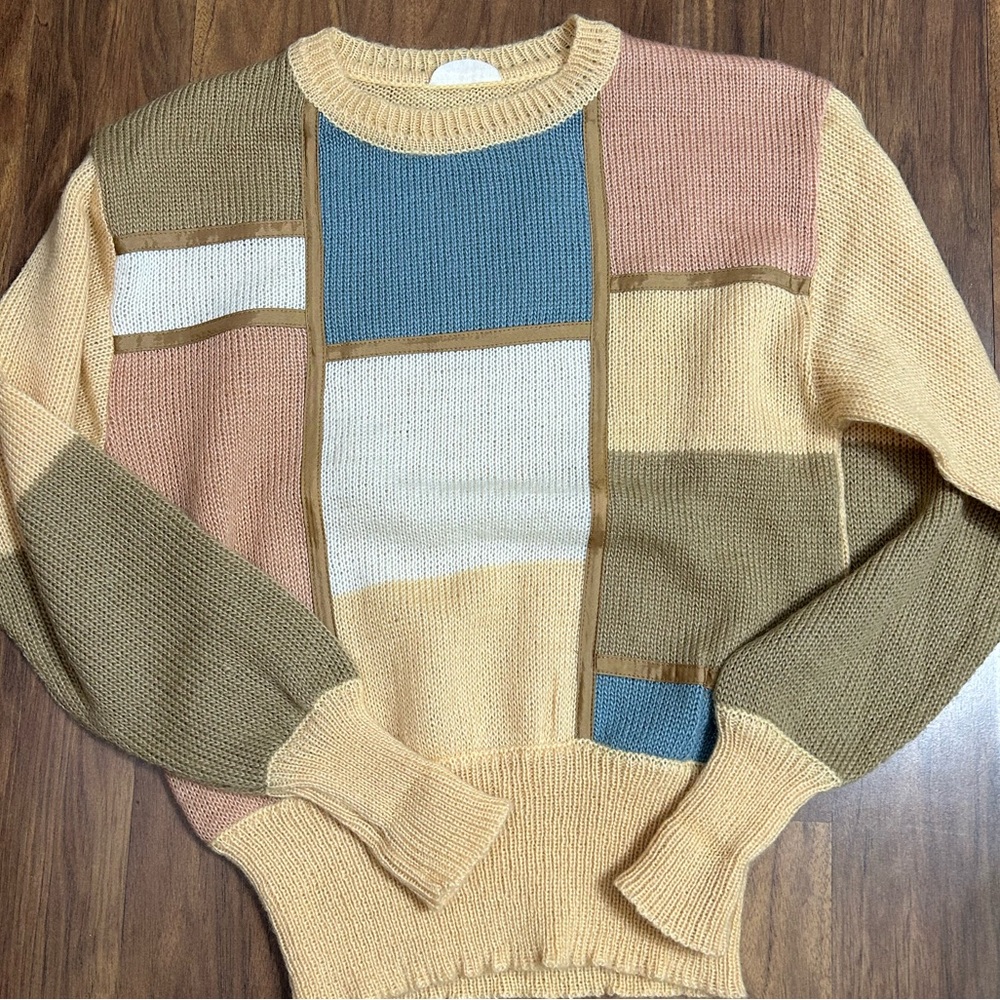 Vintage Baltrik Women's Patchwork Crew Neck Wool Blend Multi Color Sweater S36